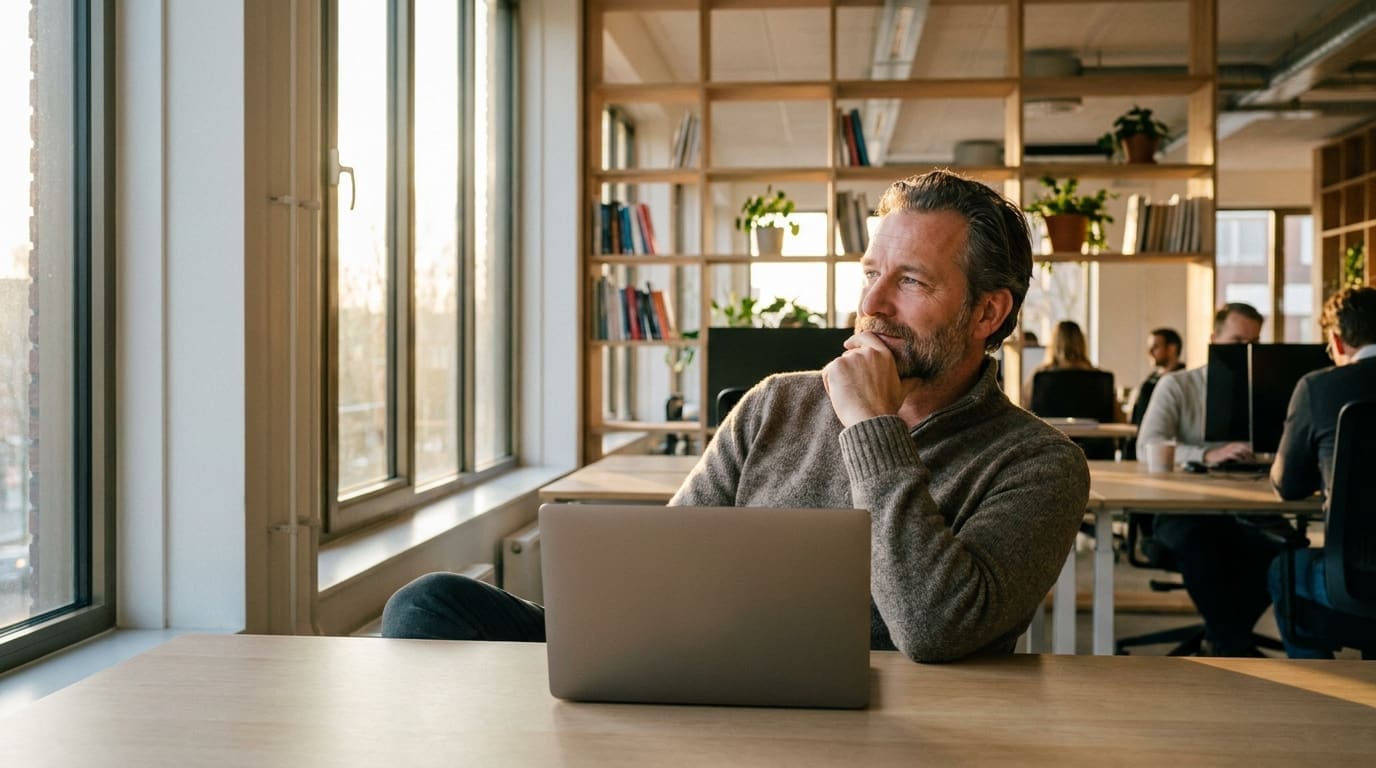 Peinzende mannelijke medewerker zit aan zijn bureau achter een laptop, hand onder zijn kin, blik nadenkend naar buiten gericht in een warm houten kantoor met collega's op de achtergrond