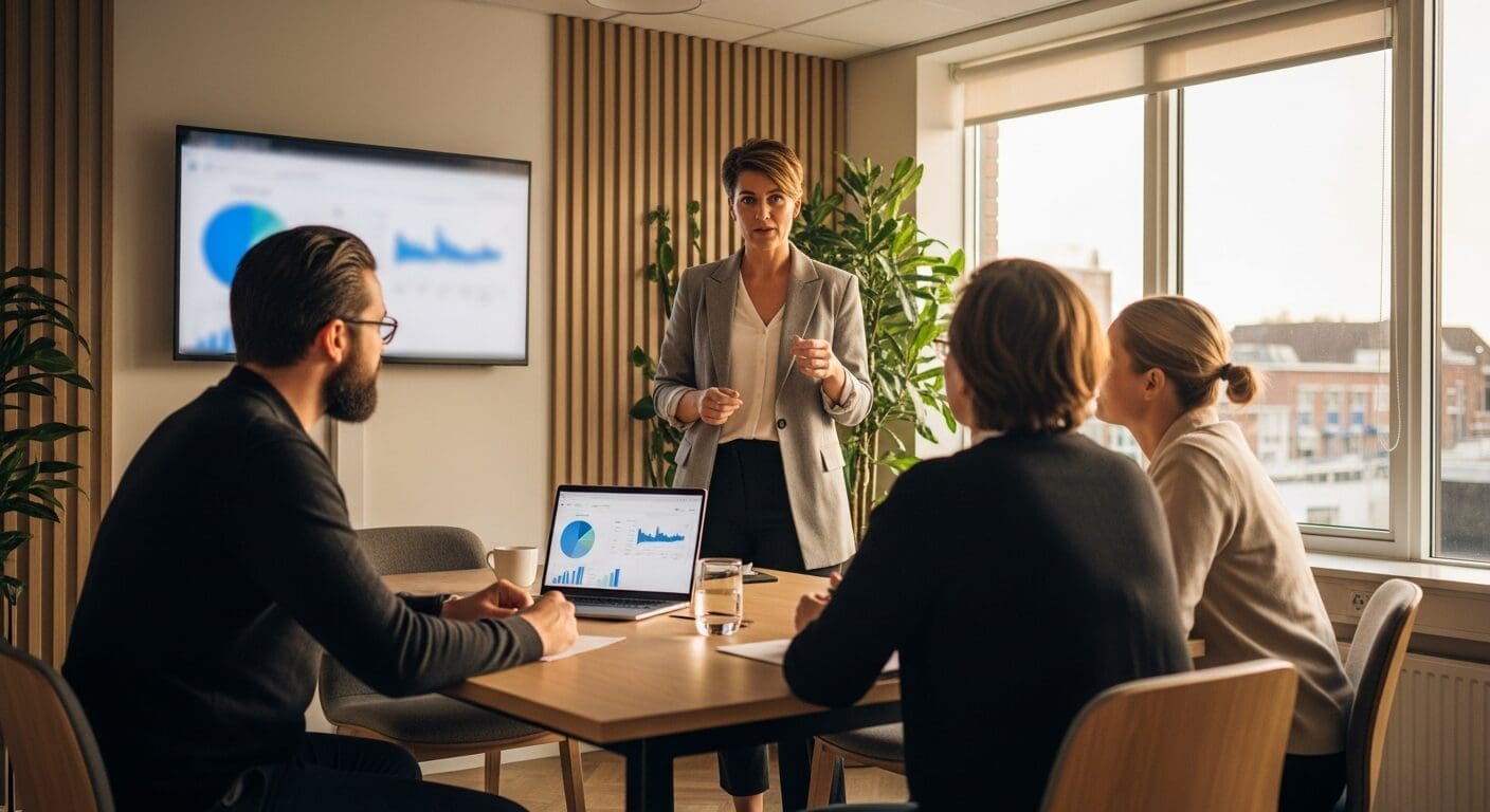 HR-manager bespreekt MTO-resultaten met klein team aan tafel